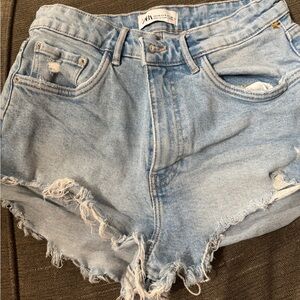 Zara Blue Jean Shorts with Distressed Frayed Hem